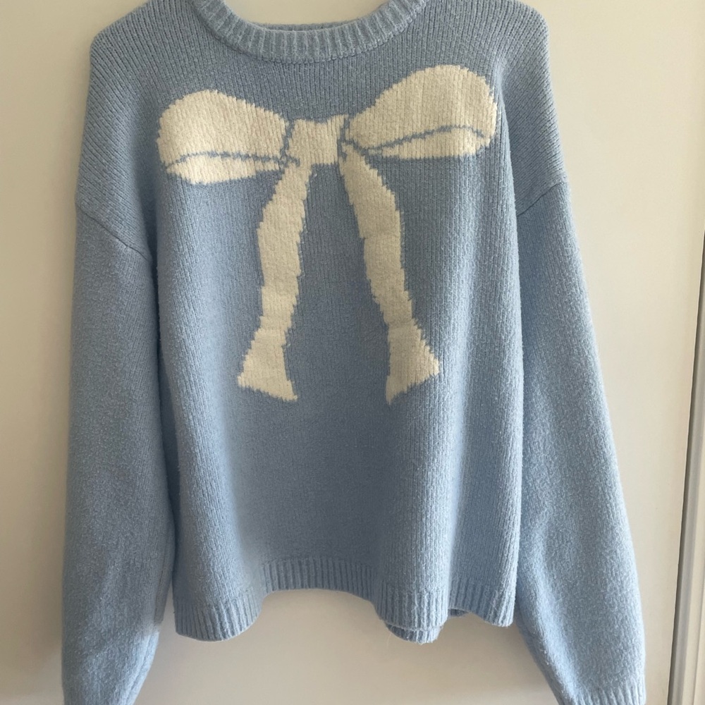a new day Light Blue Sweater with Cream Bow